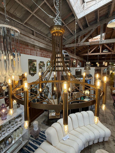 Italian Twelve-Light Bronze Chandelier, Mid-Century Modern, circa 1970s
