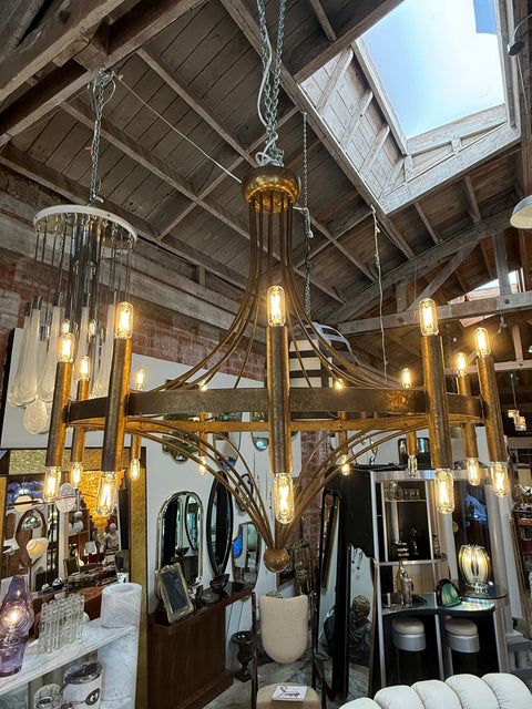 Italian Twelve-Light Bronze Chandelier, Mid-Century Modern, circa 1970s