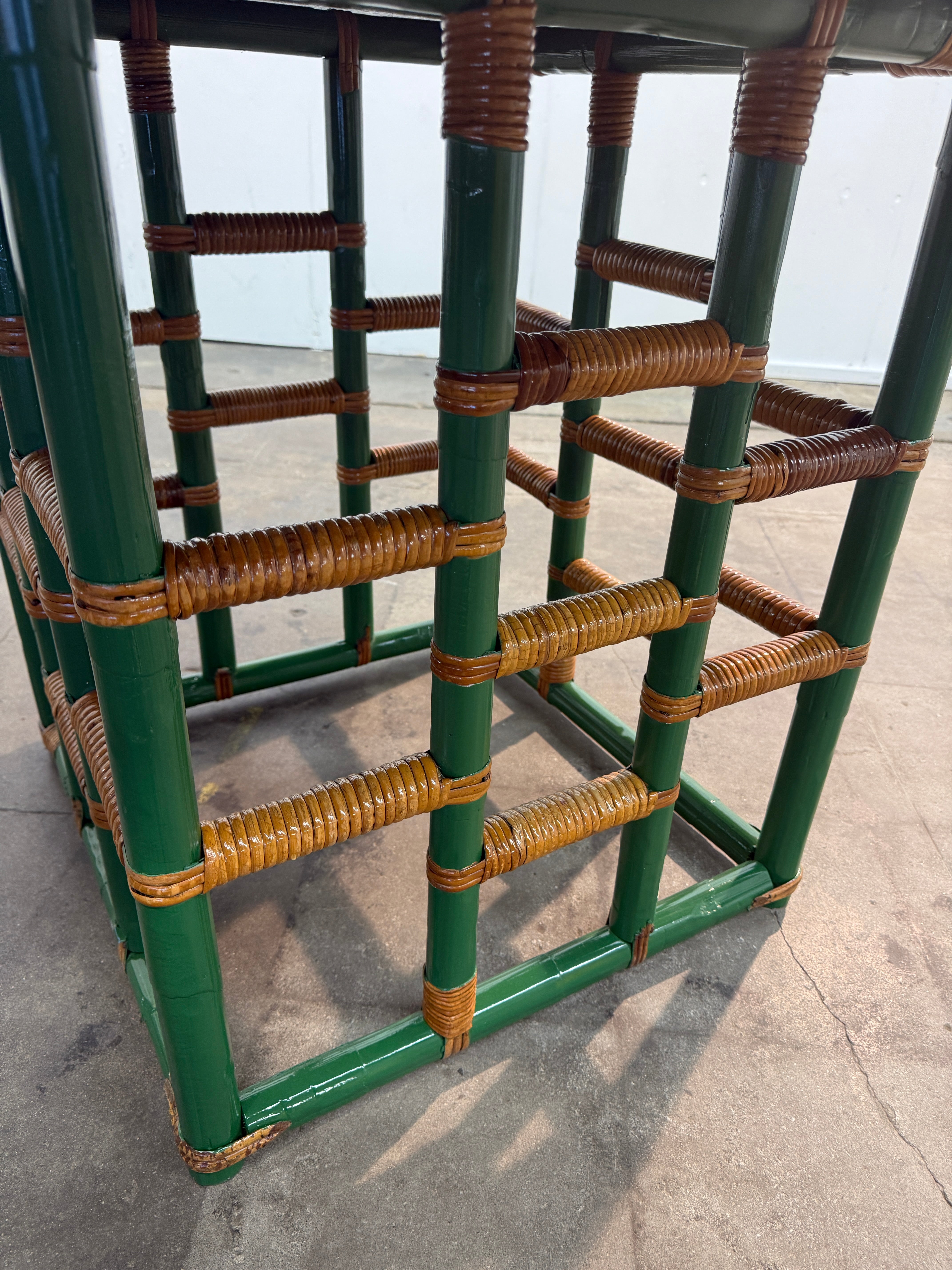 Vintage Green Faux Bamboo & Rattan Round Coffee Table