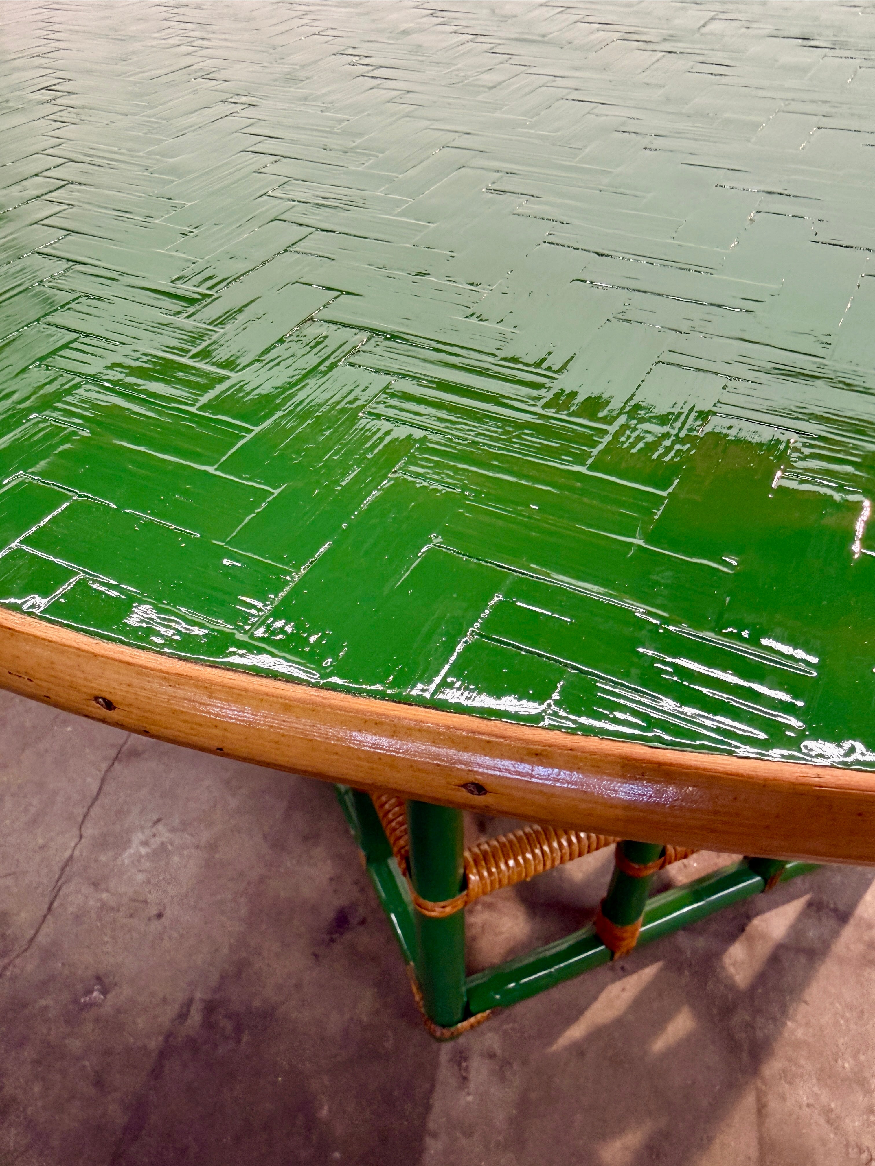 Vintage Green Faux Bamboo & Rattan Round Coffee Table