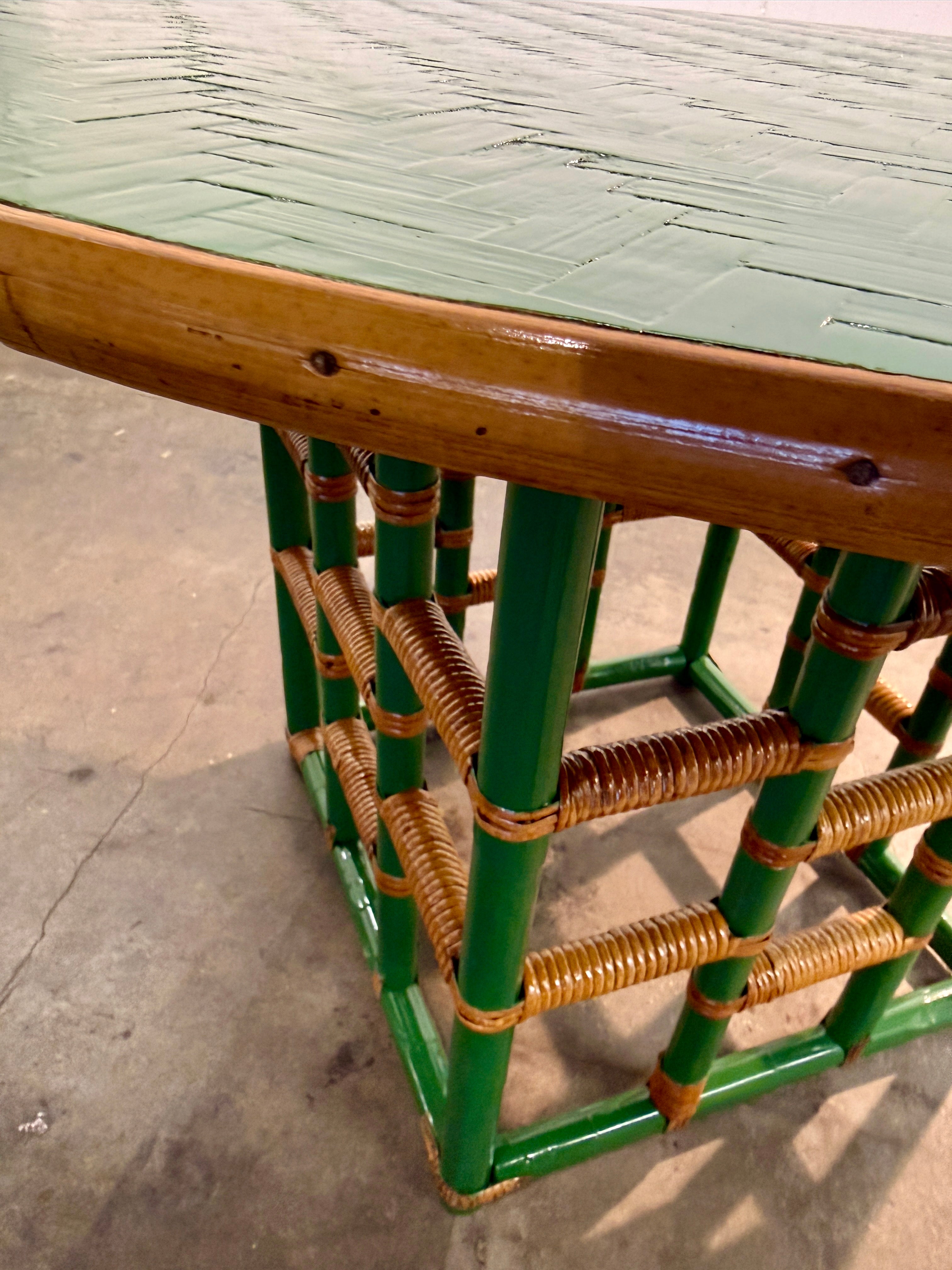 Vintage Green Faux Bamboo & Rattan Round Coffee Table