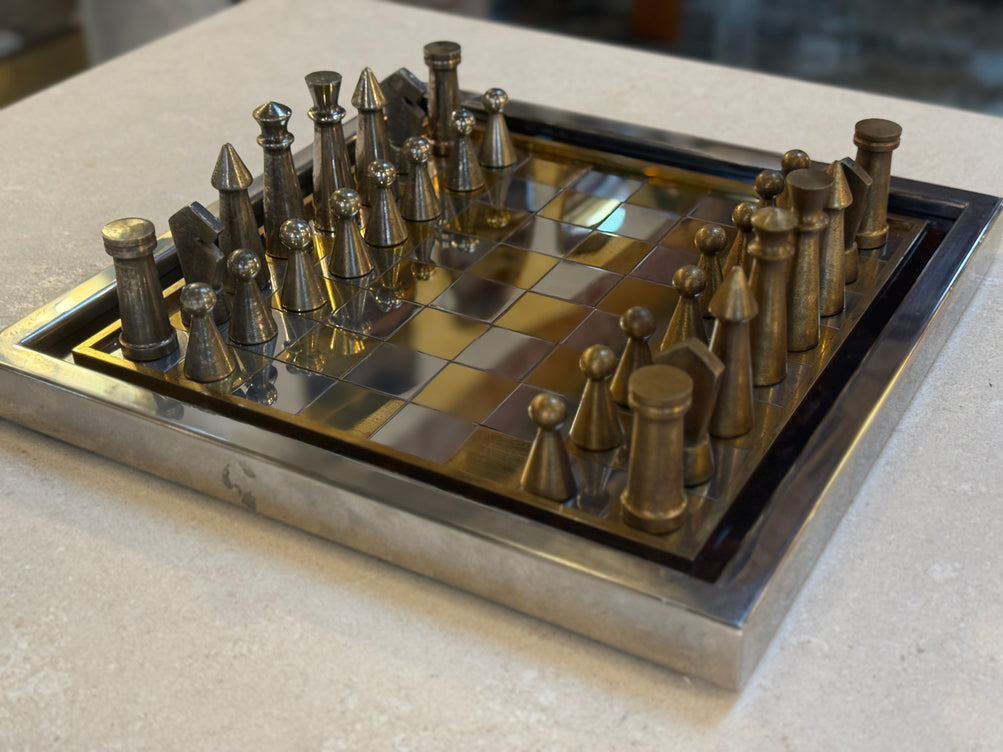 Vintage Modernist Brass & Chrome Chess Set with Sculptural Pieces