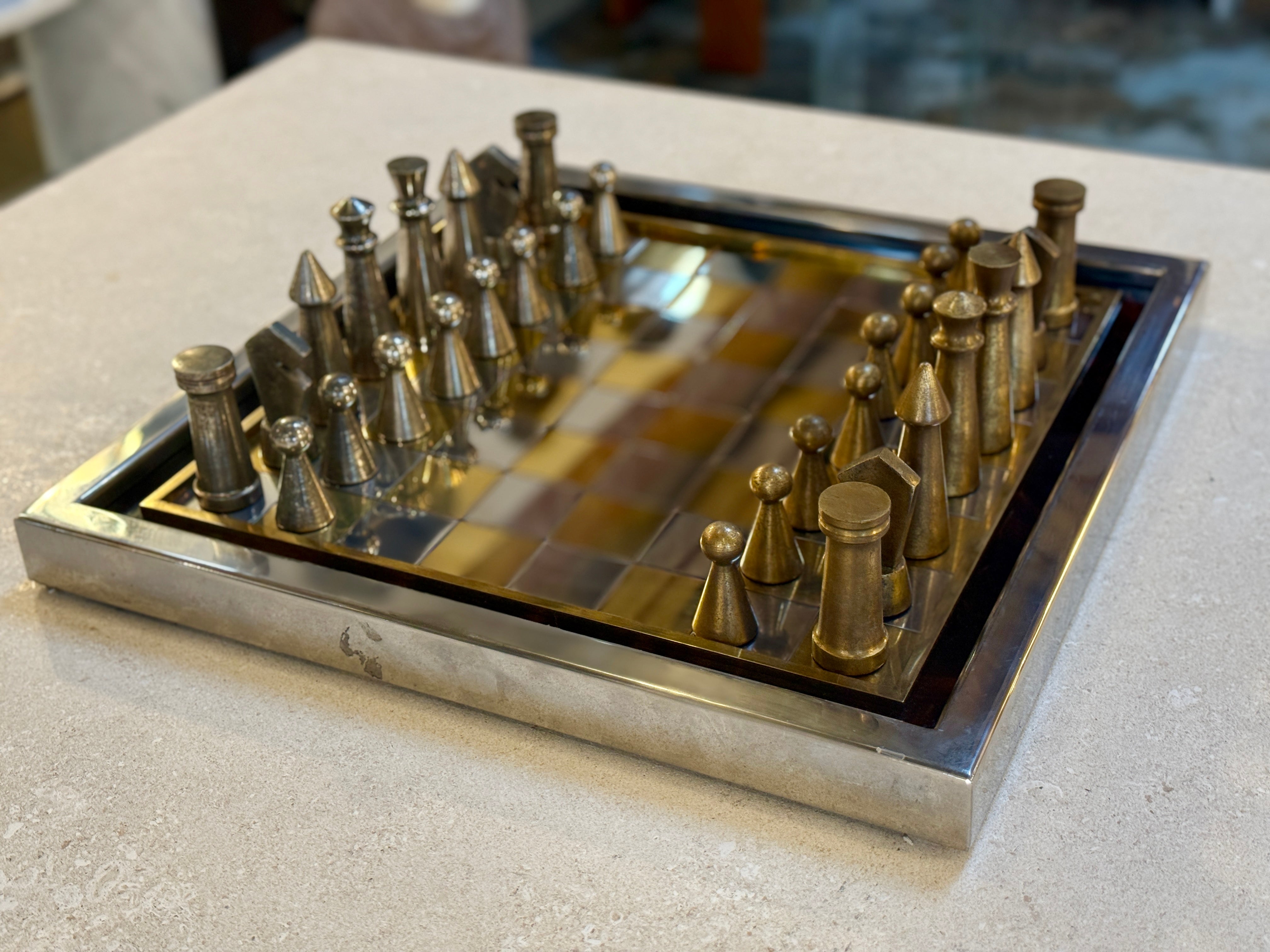 Vintage Modernist Brass & Chrome Chess Set with Sculptural Pieces