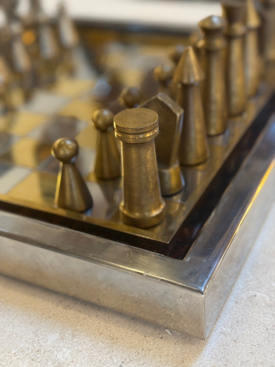Vintage Modernist Brass & Chrome Chess Set with Sculptural Pieces