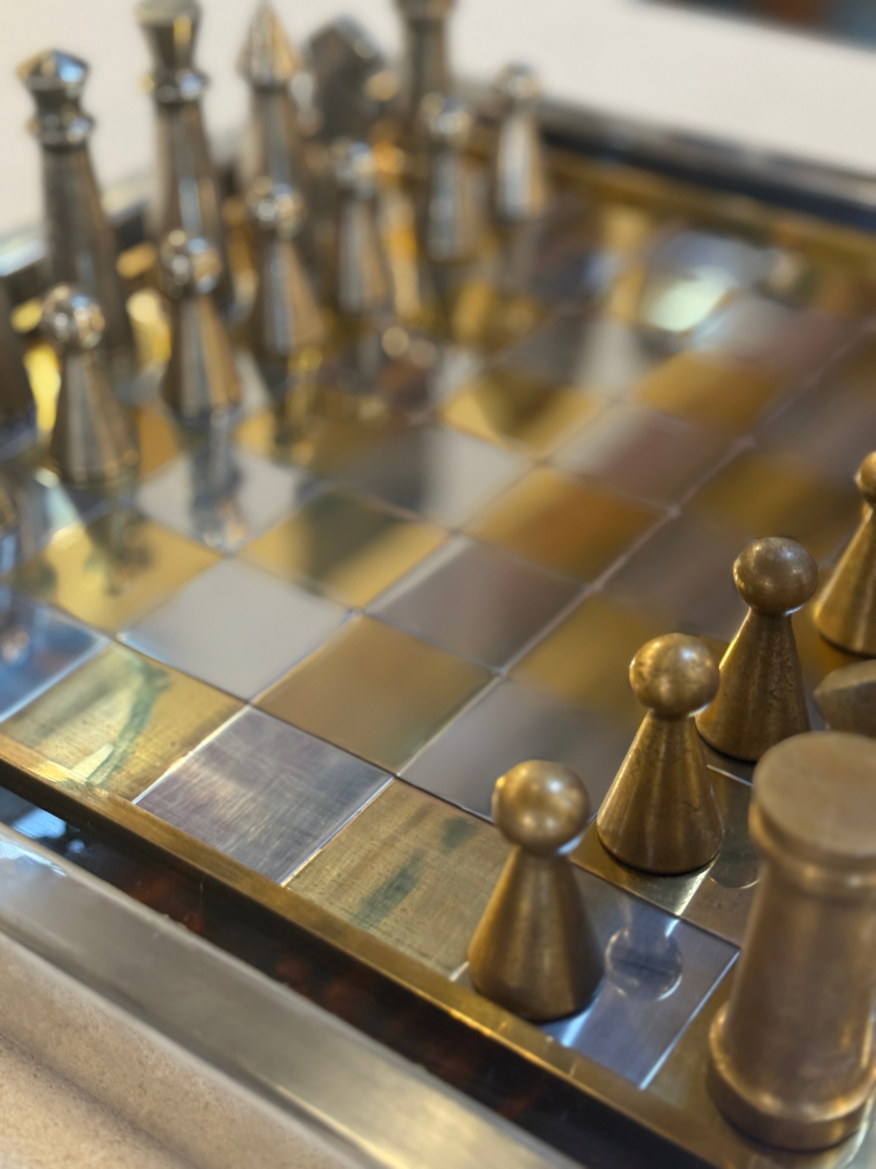 Vintage Modernist Brass & Chrome Chess Set with Sculptural Pieces