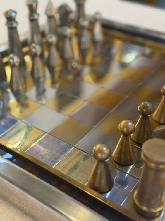 Vintage Modernist Brass & Chrome Chess Set with Sculptural Pieces