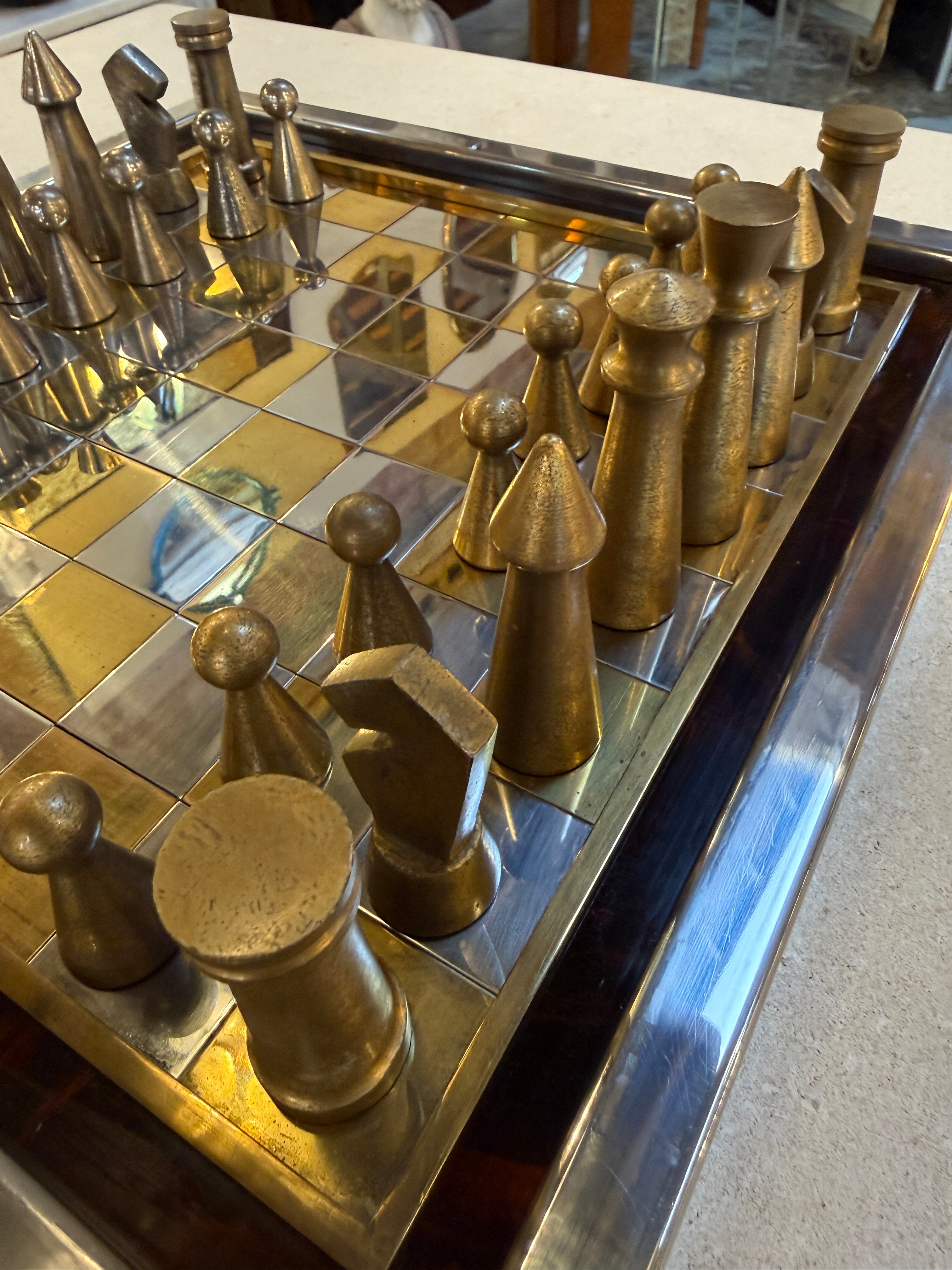 Vintage Modernist Brass & Chrome Chess Set with Sculptural Pieces