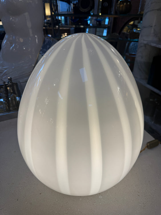 Vintage Mazzega Murano Glass Ovoid Table Lamp – White Striped Art Glass