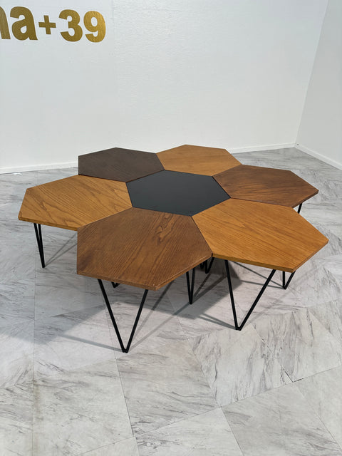 Set of 7 Gio Ponti Modular Hexagonal Coffee Tables, ISA Bergamo, Italy, 1950s