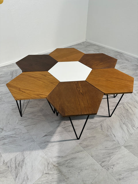 Set of 7 Gio Ponti Modular Hexagonal Coffee Tables, ISA Bergamo, Italy, 1950s