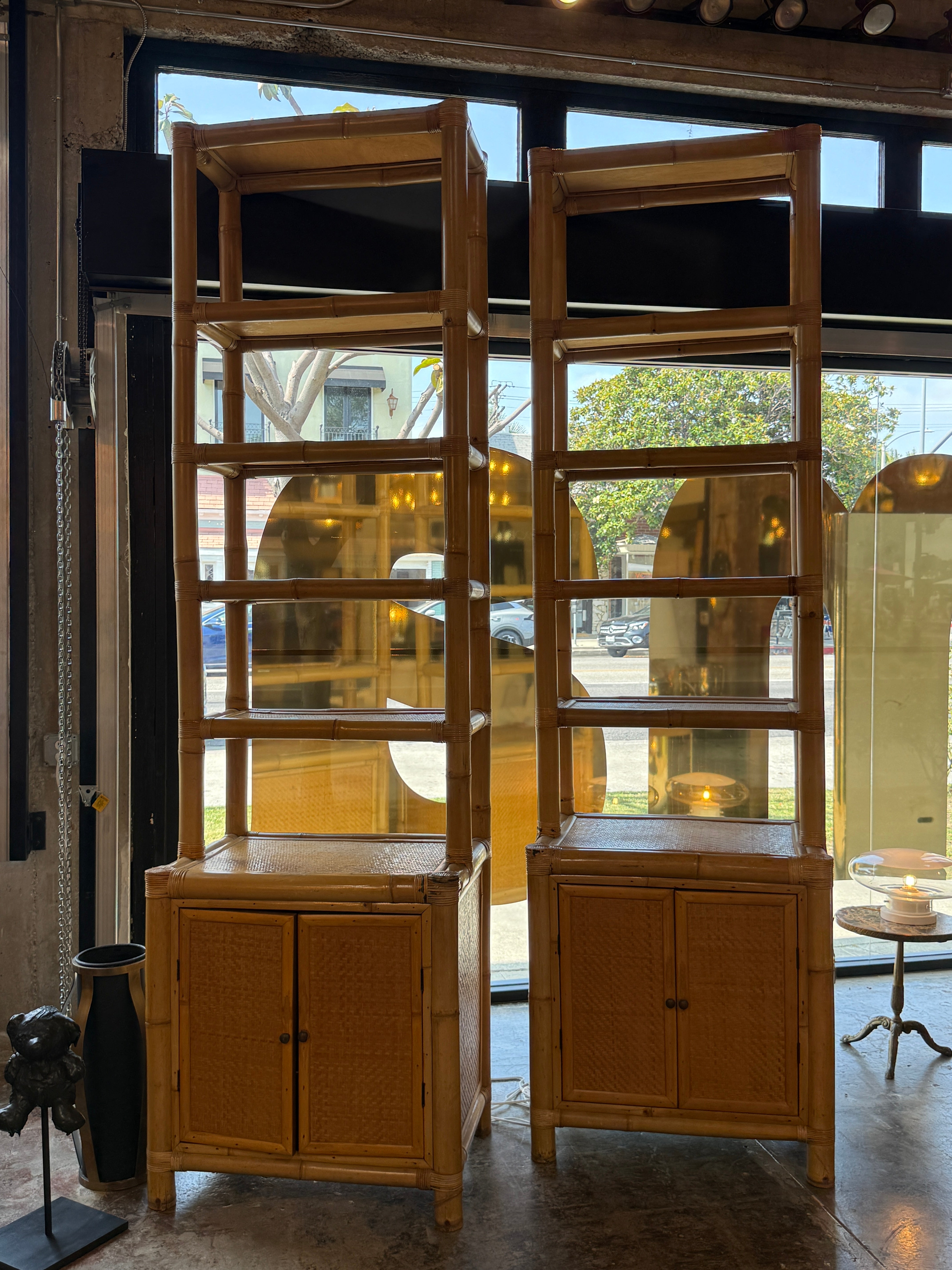 Pair of Bamboo and Woven Rattan Bookcases with Cabinet Bases, 1970s