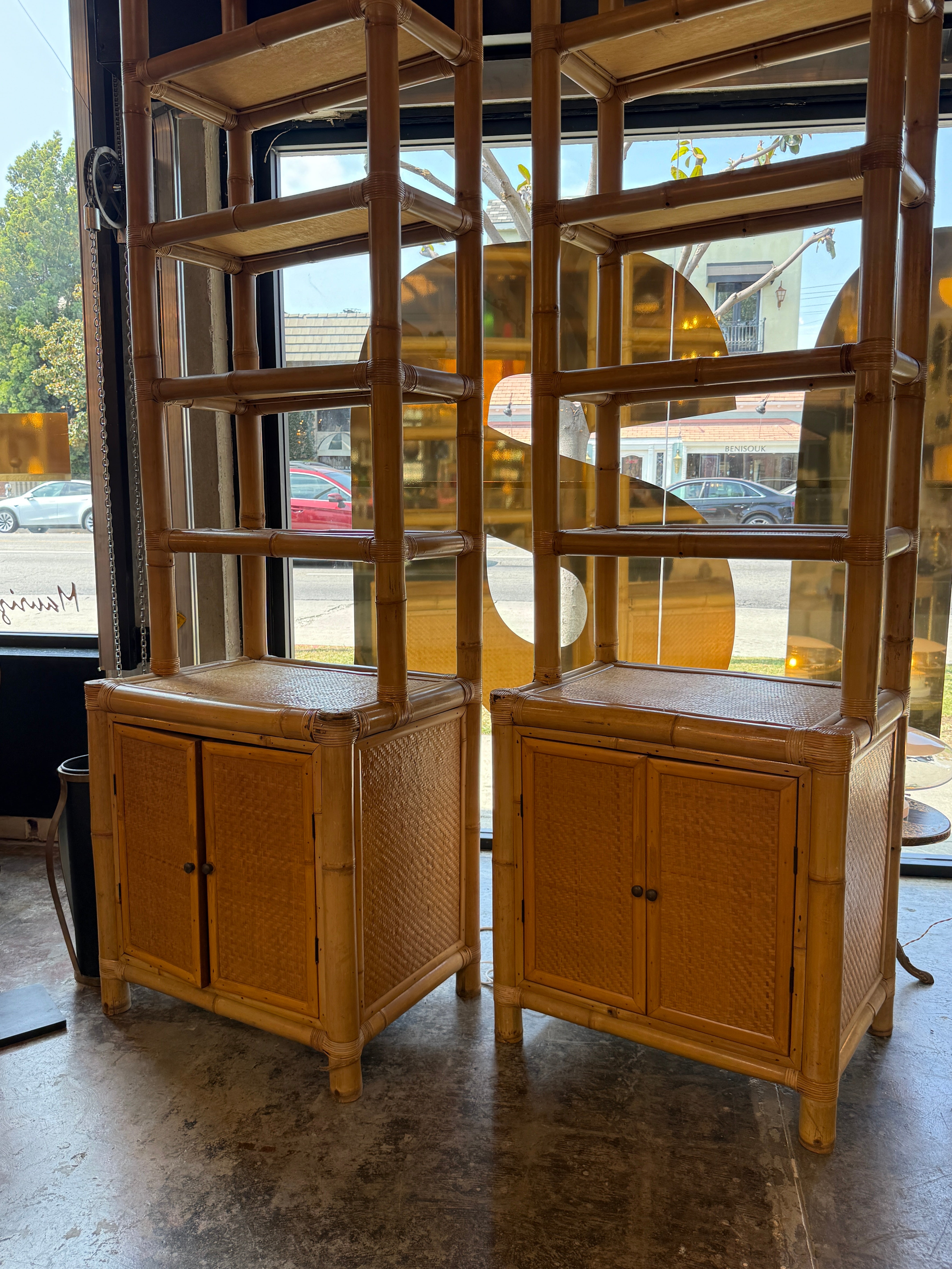 Pair of Bamboo and Woven Rattan Bookcases with Cabinet Bases, 1970s