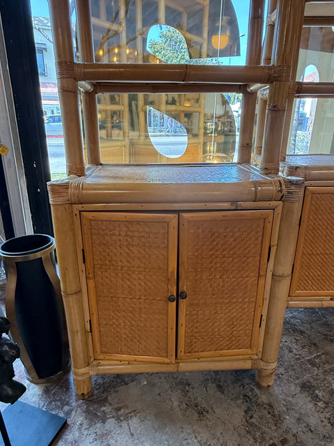 Pair of Bamboo and Woven Rattan Bookcases with Cabinet Bases, 1970s