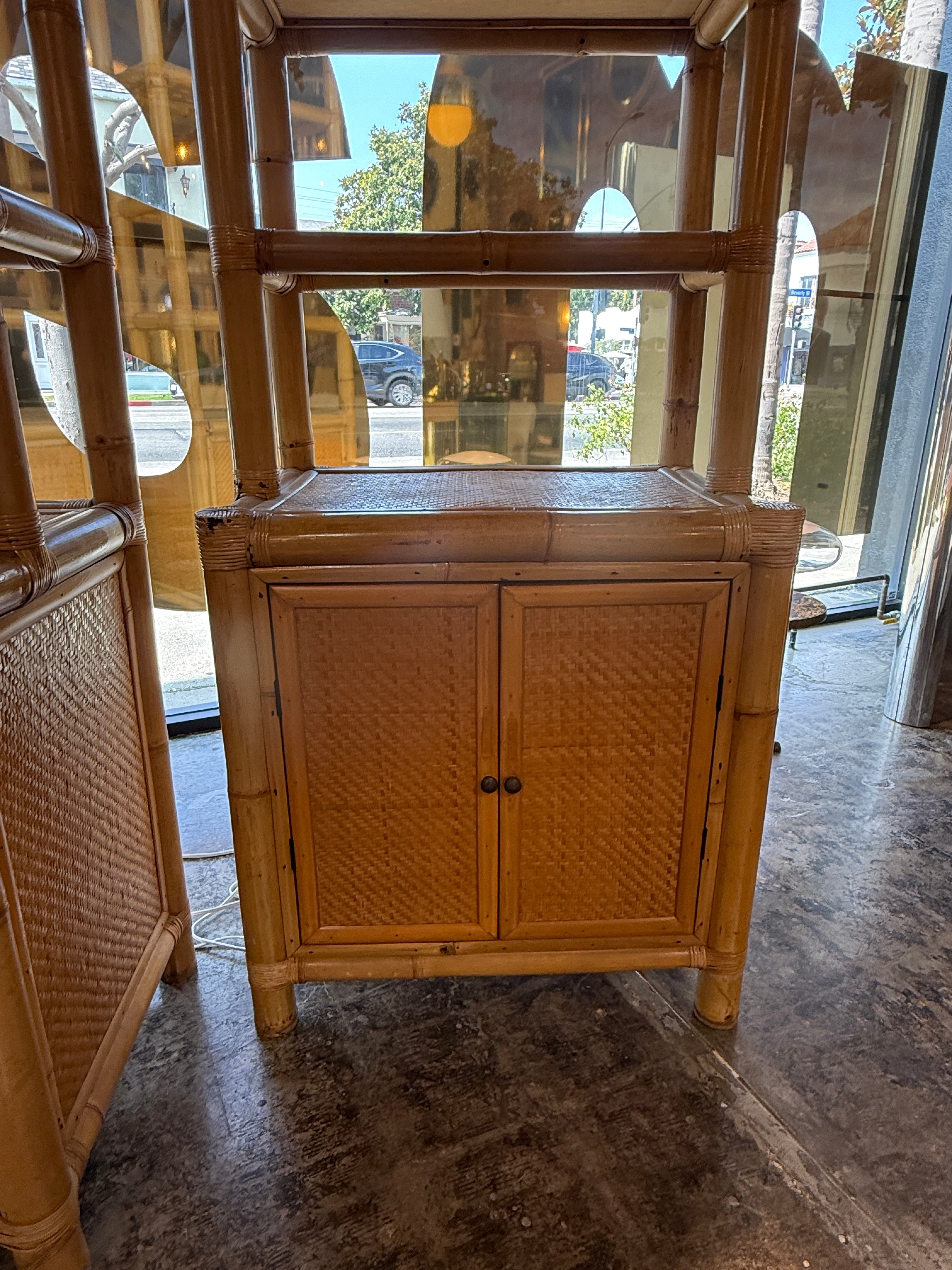 Pair of Bamboo and Woven Rattan Bookcases with Cabinet Bases, 1970s