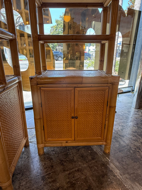 Pair of Bamboo and Woven Rattan Bookcases with Cabinet Bases, 1970s