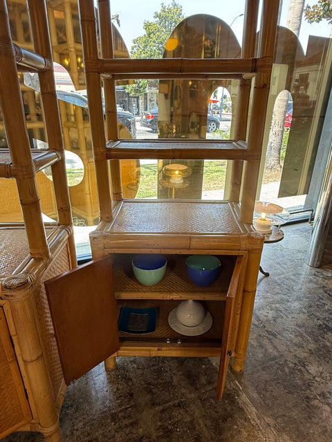 Pair of Bamboo and Woven Rattan Bookcases with Cabinet Bases, 1970s