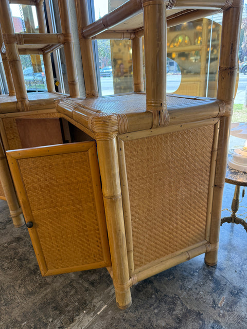Pair of Bamboo and Woven Rattan Bookcases with Cabinet Bases, 1970s