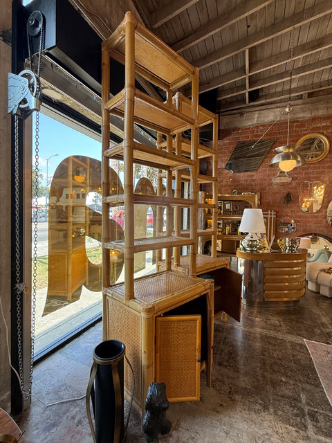 Pair of Bamboo and Woven Rattan Bookcases with Cabinet Bases, 1970s