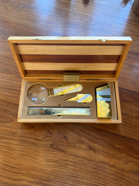24K Gold-Plated Five-Piece Desk Set in Wood Presentation Box, 1970s Italy