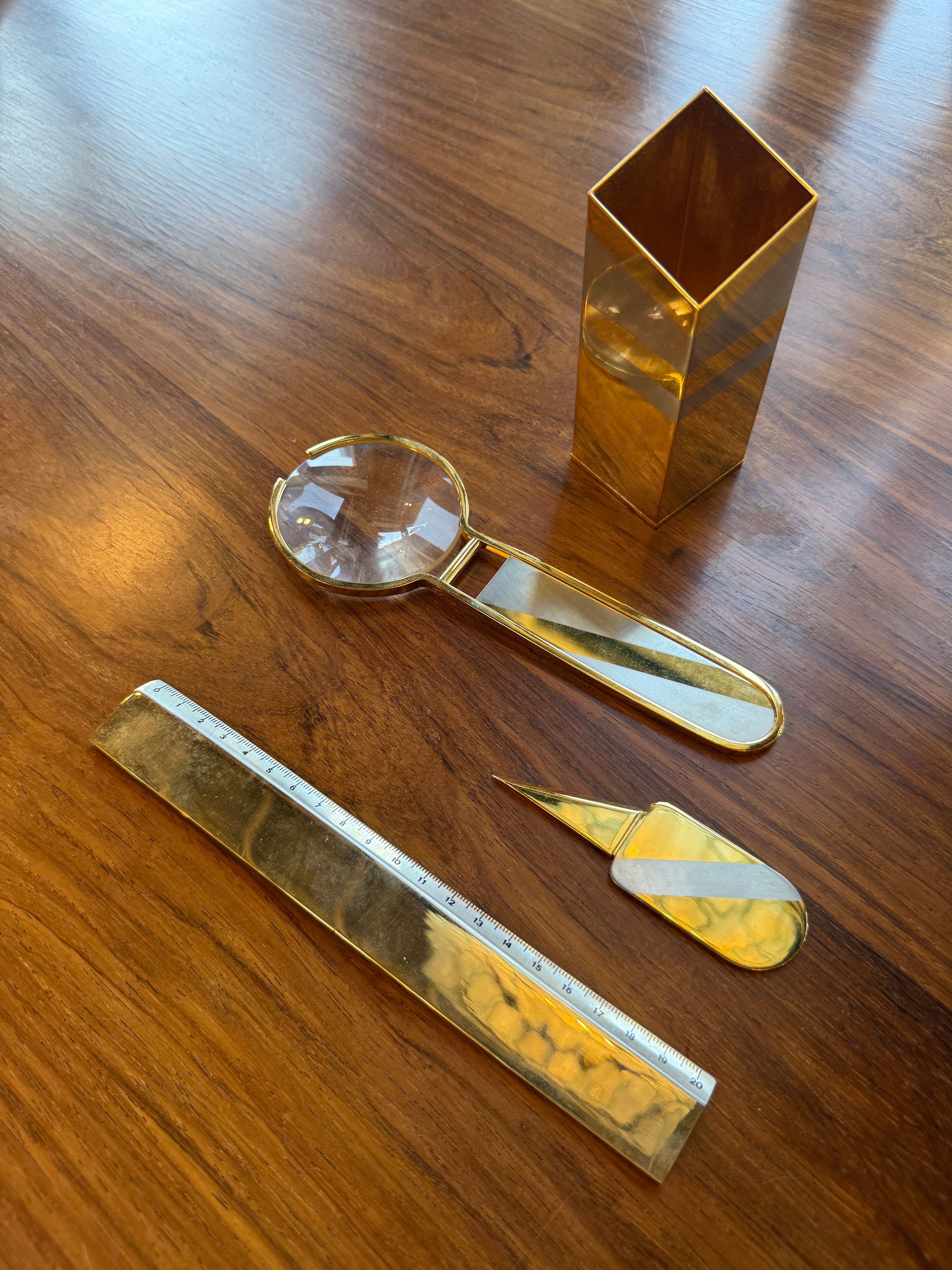 24K Gold-Plated Five-Piece Desk Set in Wood Presentation Box, 1970s Italy