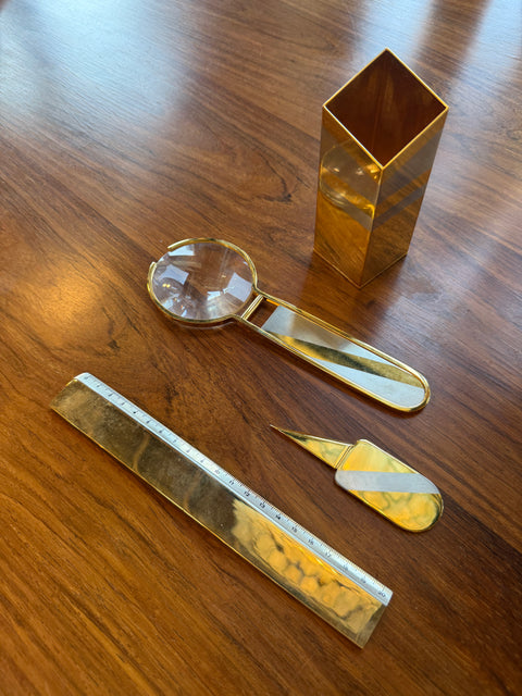 24K Gold-Plated Five-Piece Desk Set in Wood Presentation Box, 1970s Italy