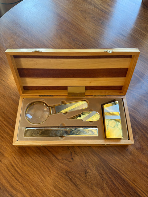 24K Gold-Plated Five-Piece Desk Set in Wood Presentation Box, 1970s Italy