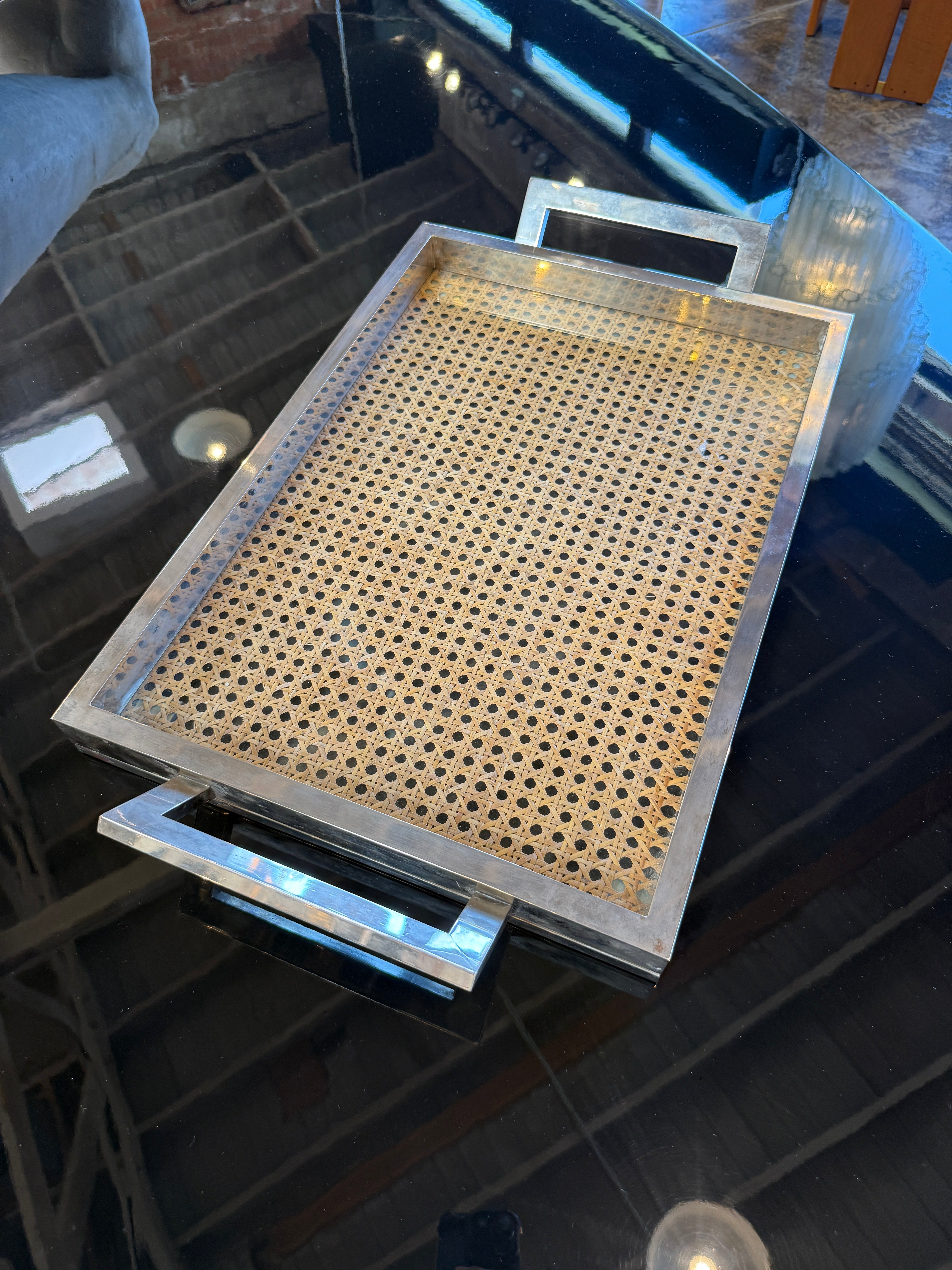 Italian Mid-Century Chrome and Vienna Cane Serving Tray, 1970s