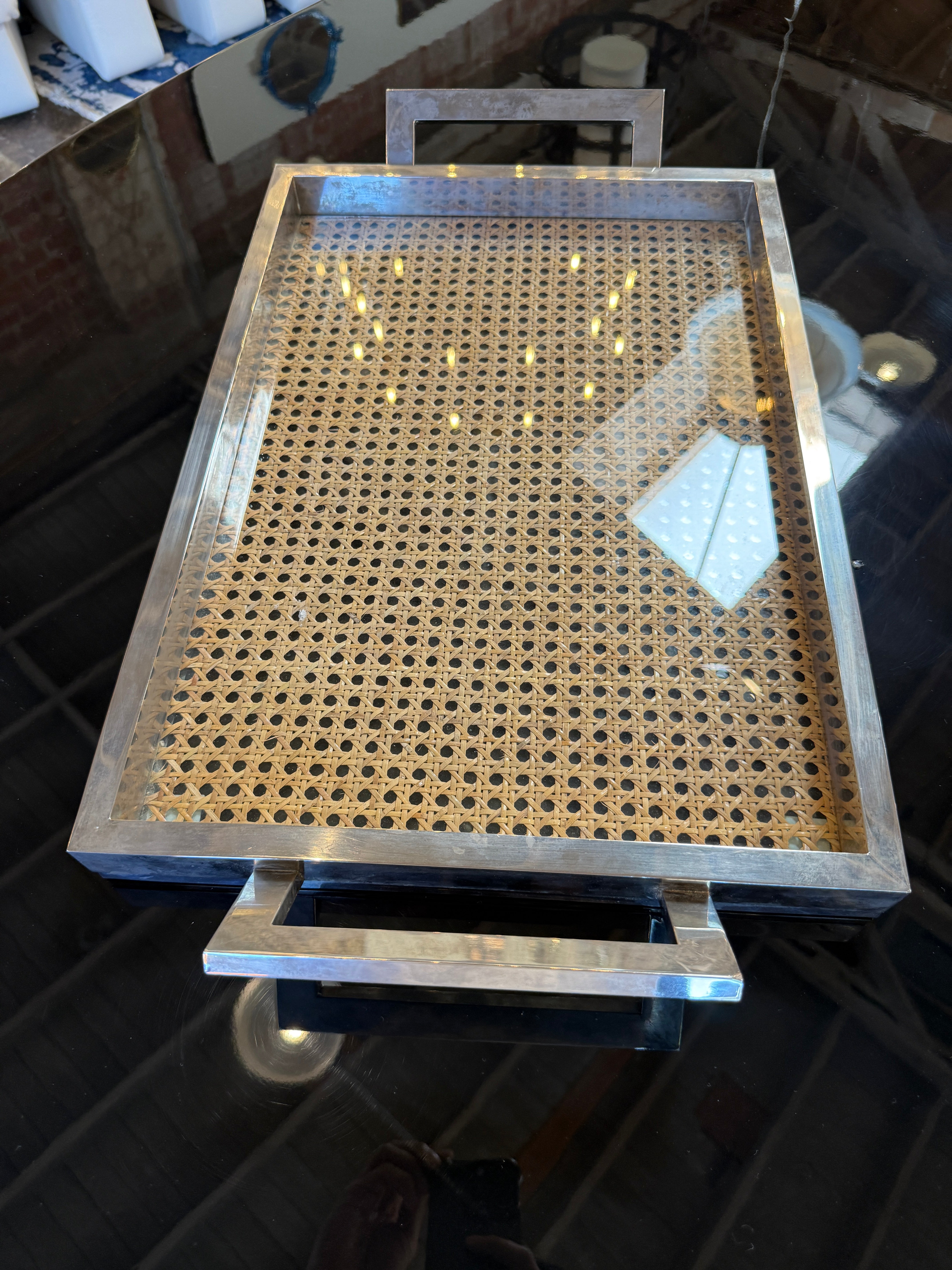 Italian Mid-Century Chrome and Vienna Cane Serving Tray, 1970s