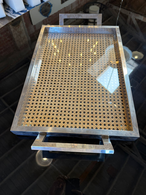 Italian Mid-Century Chrome and Vienna Cane Serving Tray, 1970s