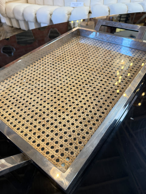 Italian Mid-Century Chrome and Vienna Cane Serving Tray, 1970s
