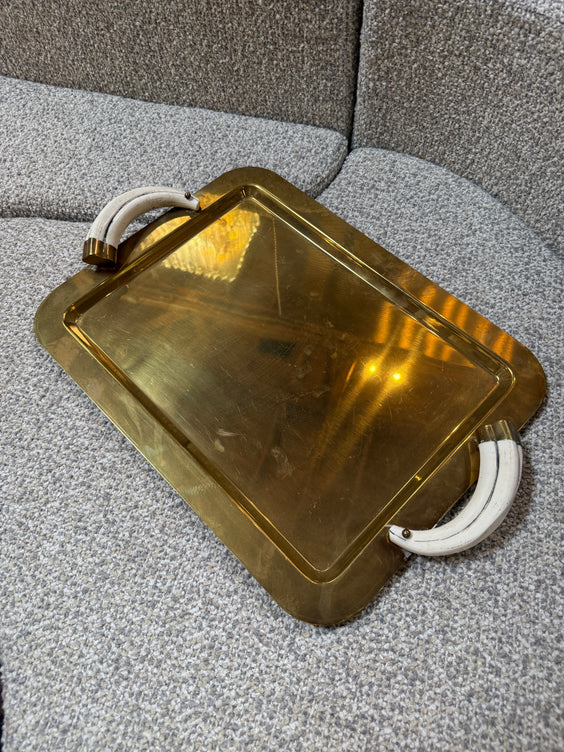 Italian Mid-Century Brass Serving Tray with Tusk Handles, 1970s