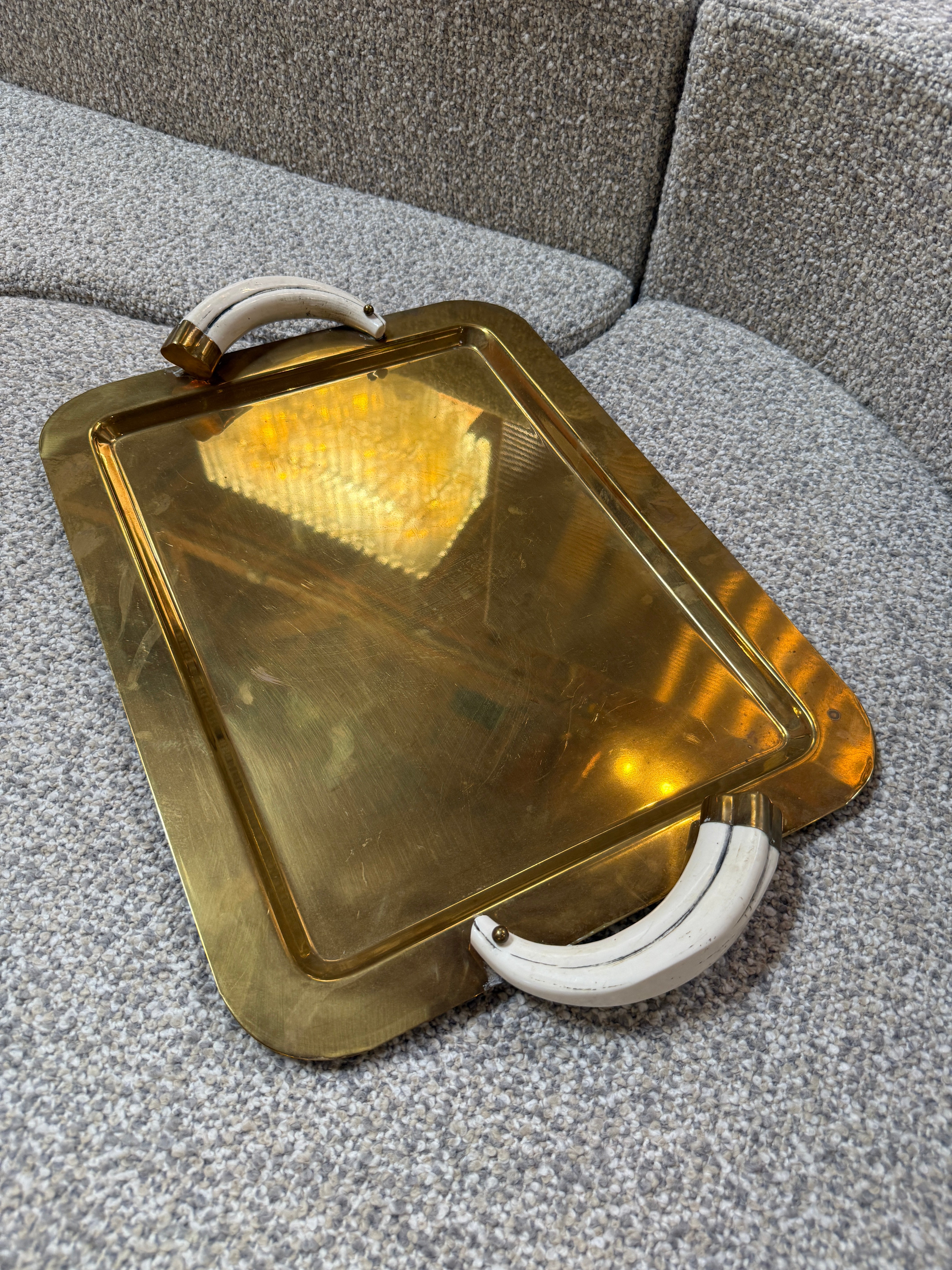 Italian Mid-Century Brass Serving Tray with Tusk Handles, 1970s