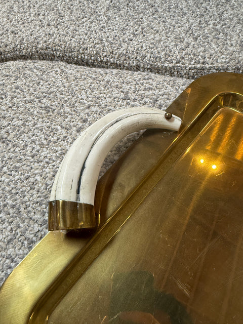 Italian Mid-Century Brass Serving Tray with Tusk Handles, 1970s