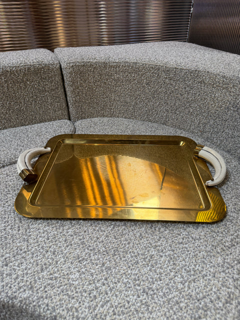 Italian Mid-Century Brass Serving Tray with Tusk Handles, 1970s