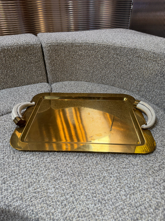 Italian Mid-Century Brass Serving Tray with Tusk Handles, 1970s