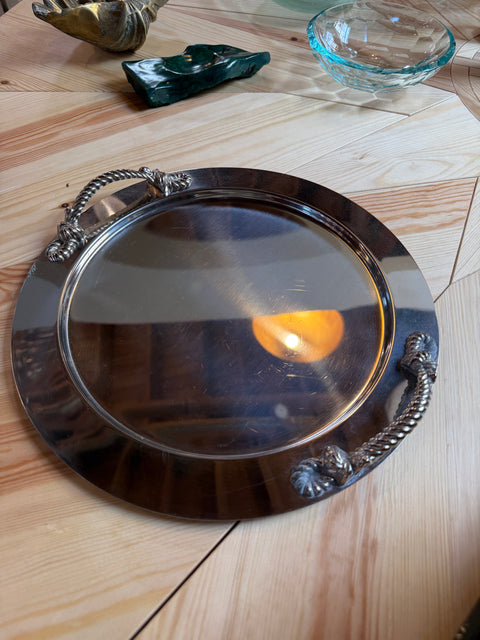 Italian Mid-Century Silver-Plated Oval Serving Tray with Rope Handles, 1970s