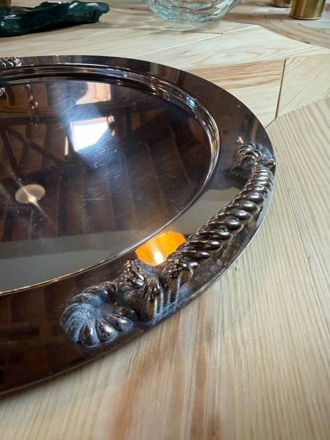 Italian Mid-Century Silver-Plated Oval Serving Tray with Rope Handles, 1970s