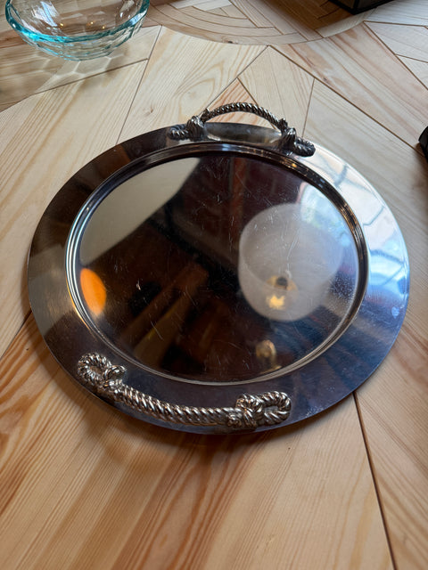 Italian Mid-Century Silver-Plated Oval Serving Tray with Rope Handles, 1970s