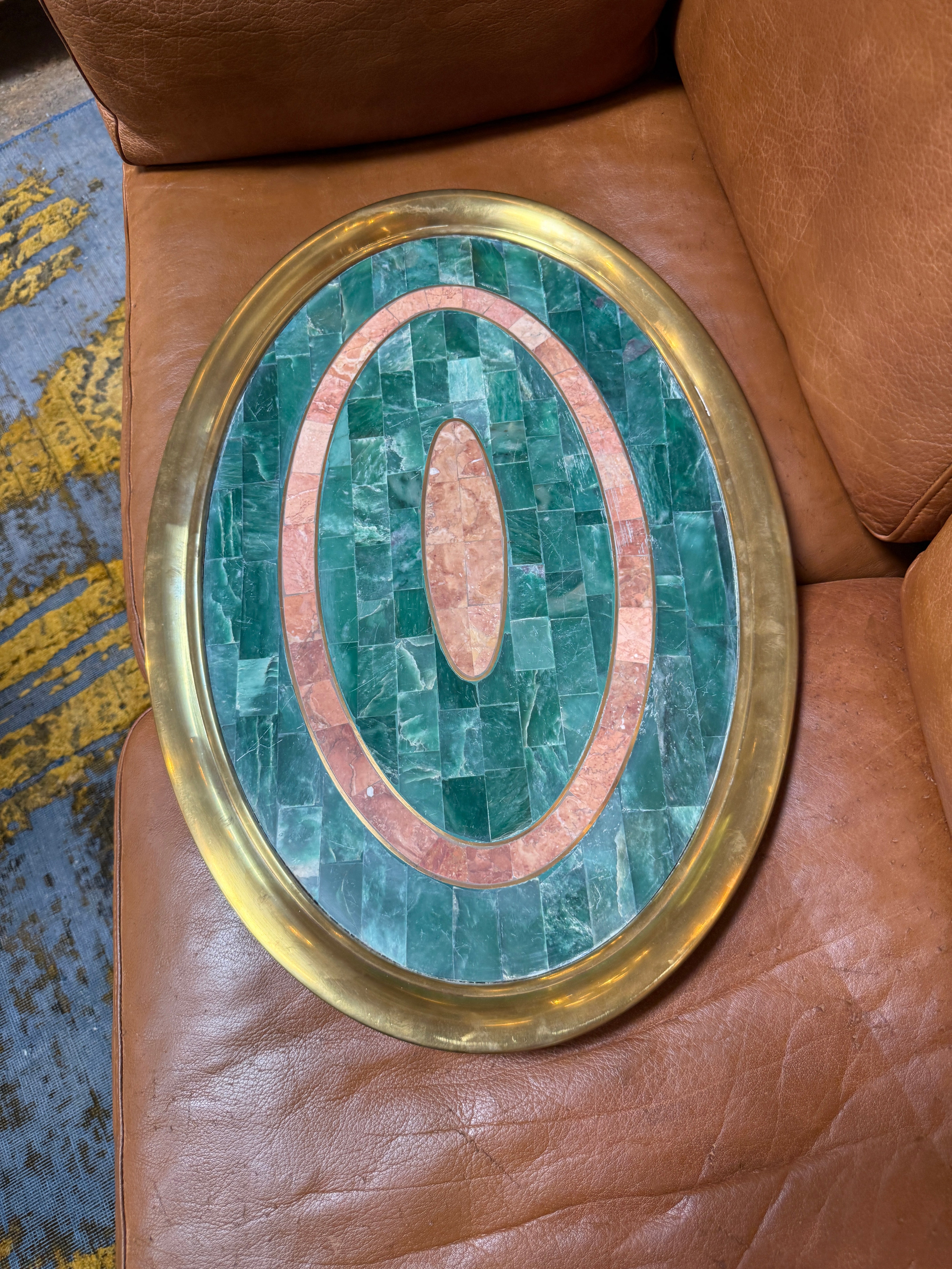 Italian Mid-Century Brass and Stone Inlay Oval Tray, 1970s
