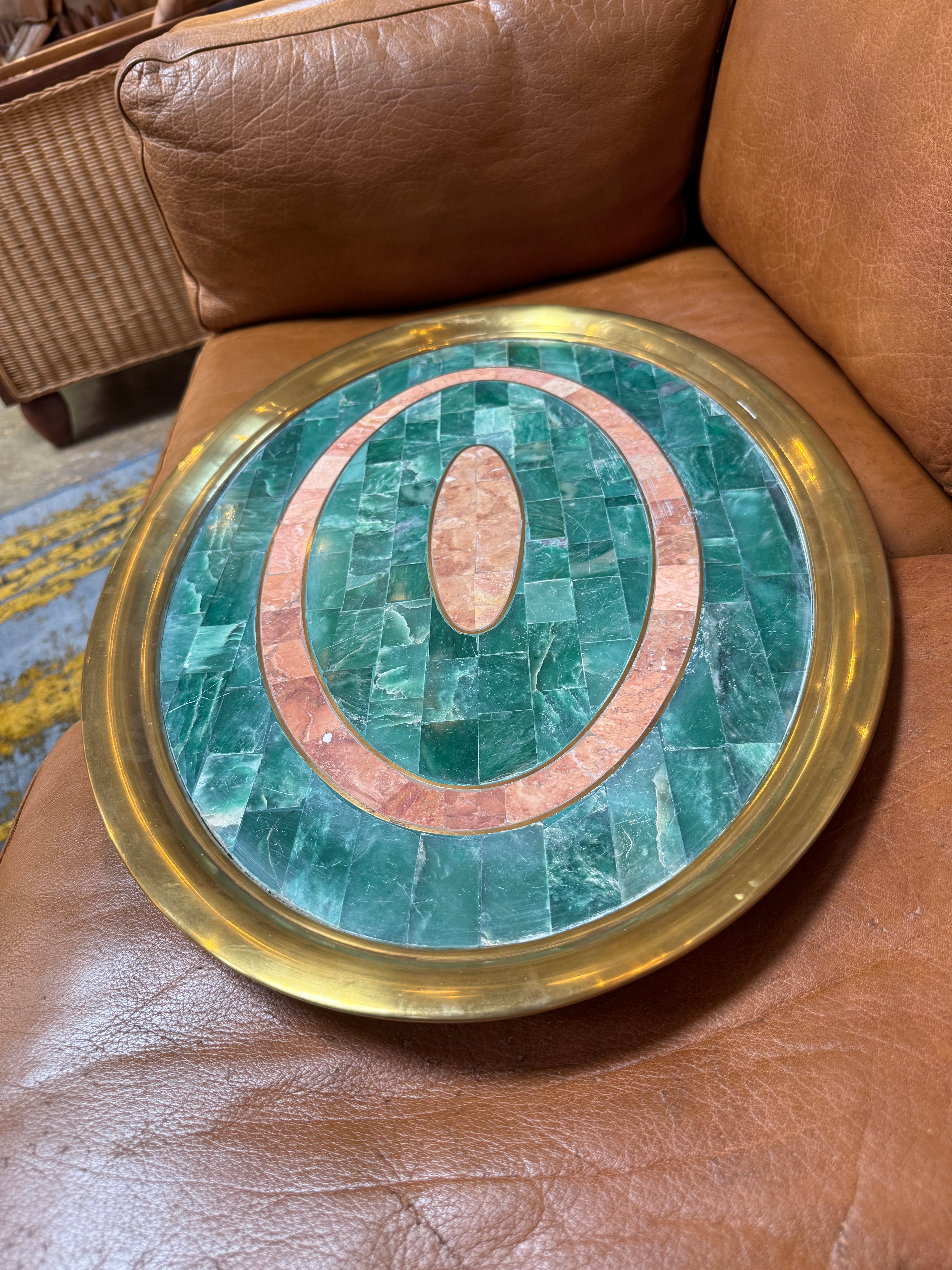 Italian Mid-Century Brass and Stone Inlay Oval Tray, 1970s