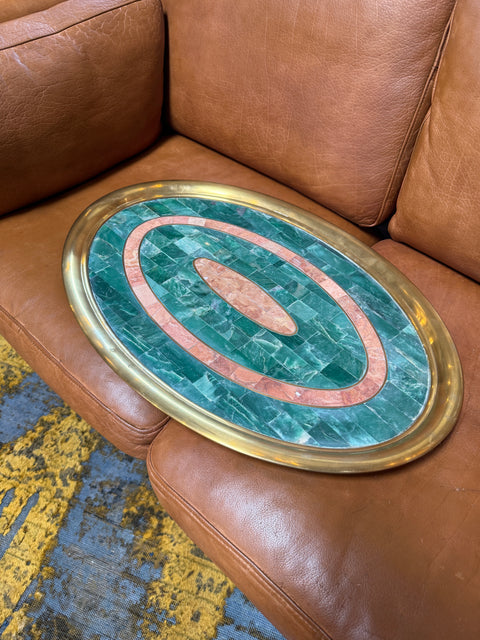 Italian Mid-Century Brass and Stone Inlay Oval Tray, 1970s