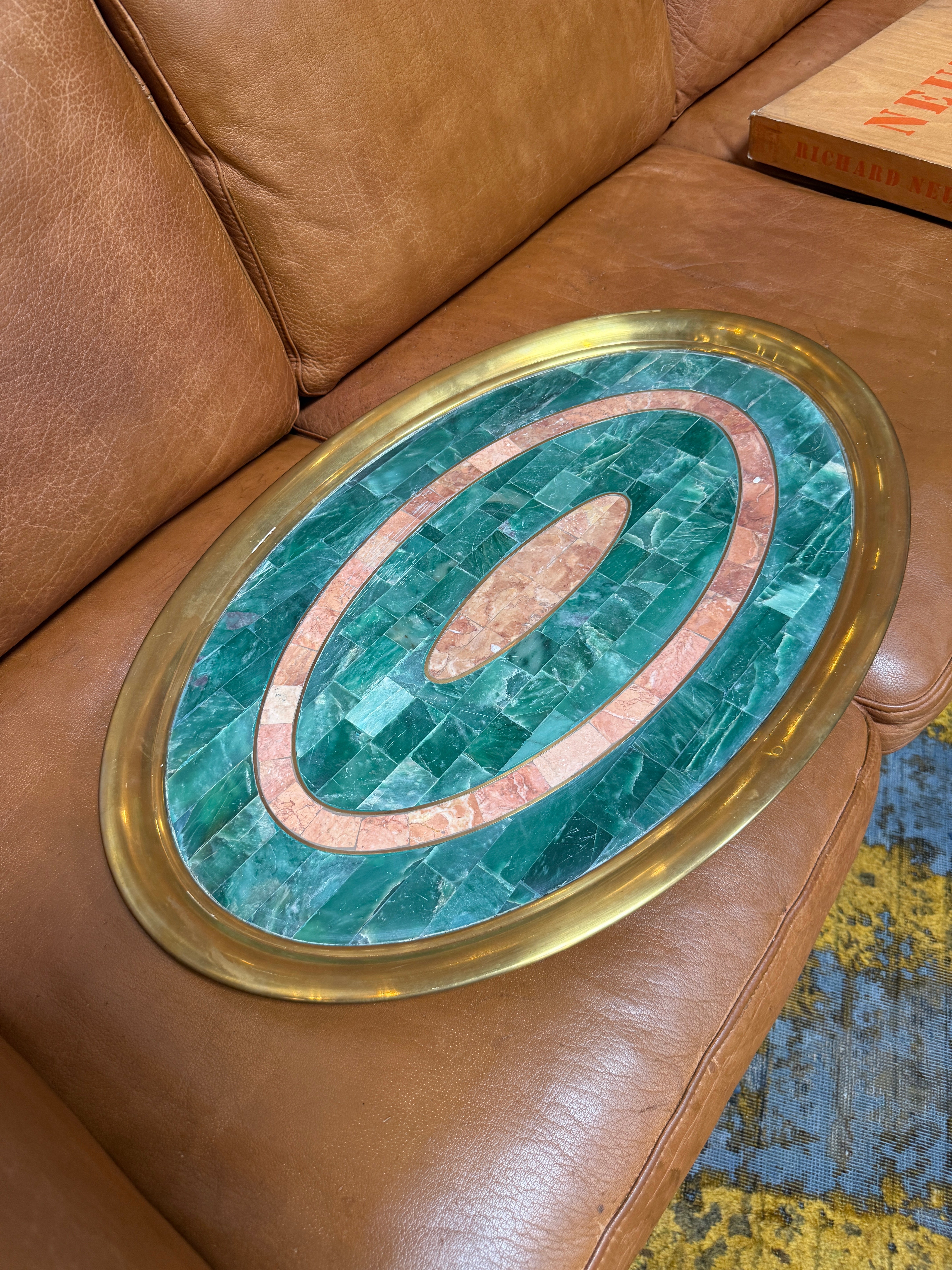 Italian Mid-Century Brass and Stone Inlay Oval Tray, 1970s