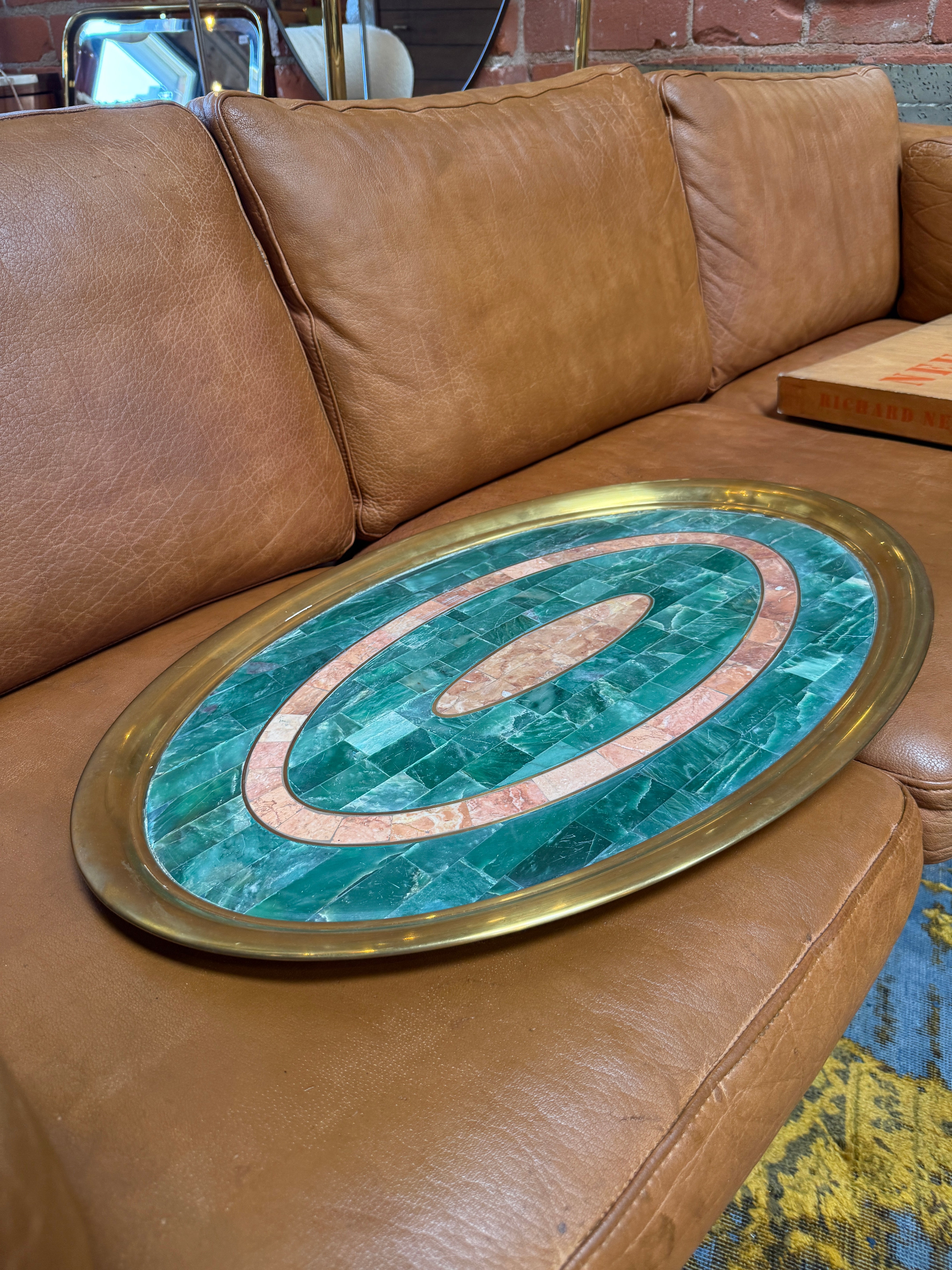 Italian Mid-Century Brass and Stone Inlay Oval Tray, 1970s
