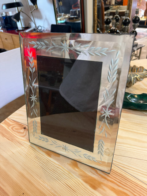 Vintage Italian Hand-Etched Glass Picture Frame with Floral Motif, 1970s
