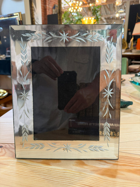 Vintage Italian Hand-Etched Glass Picture Frame with Floral Motif, 1970s