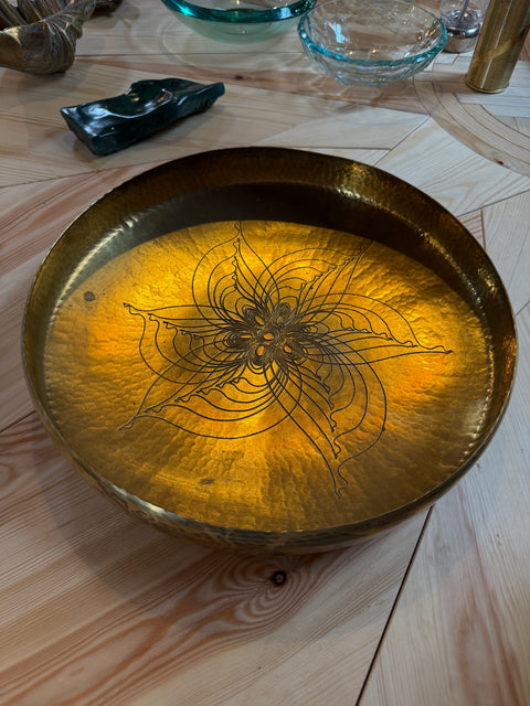 Hand-Hammered Brass Centerpiece Bowl with Engraved Floral Motif, 1970s