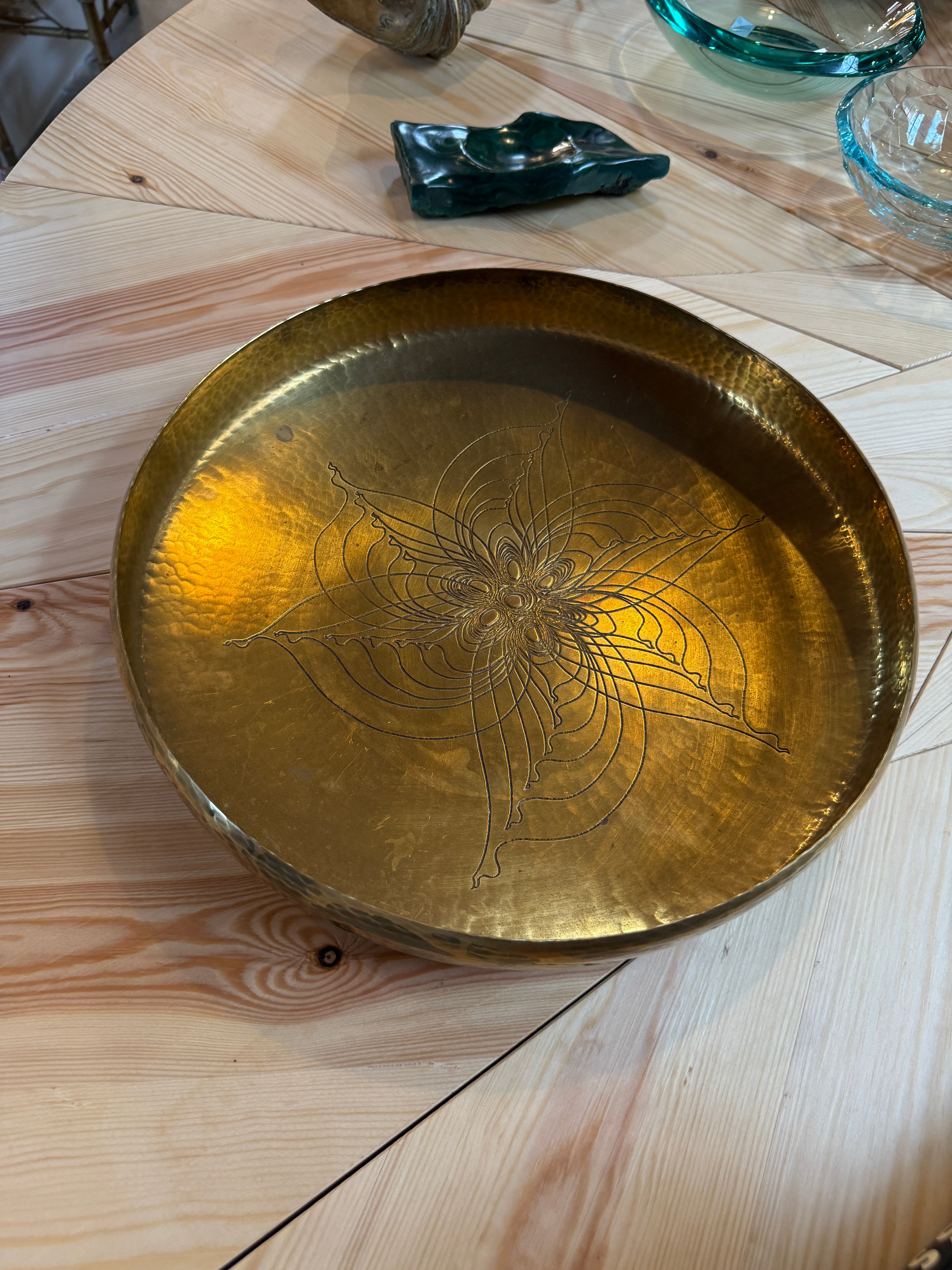 Hand-Hammered Brass Centerpiece Bowl with Engraved Floral Motif, 1970s