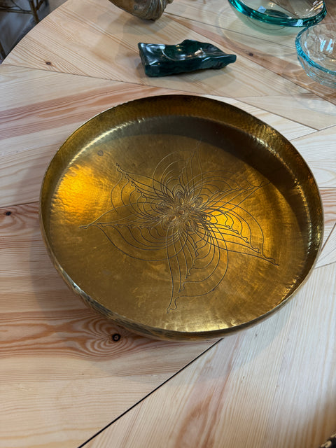Hand-Hammered Brass Centerpiece Bowl with Engraved Floral Motif, 1970s