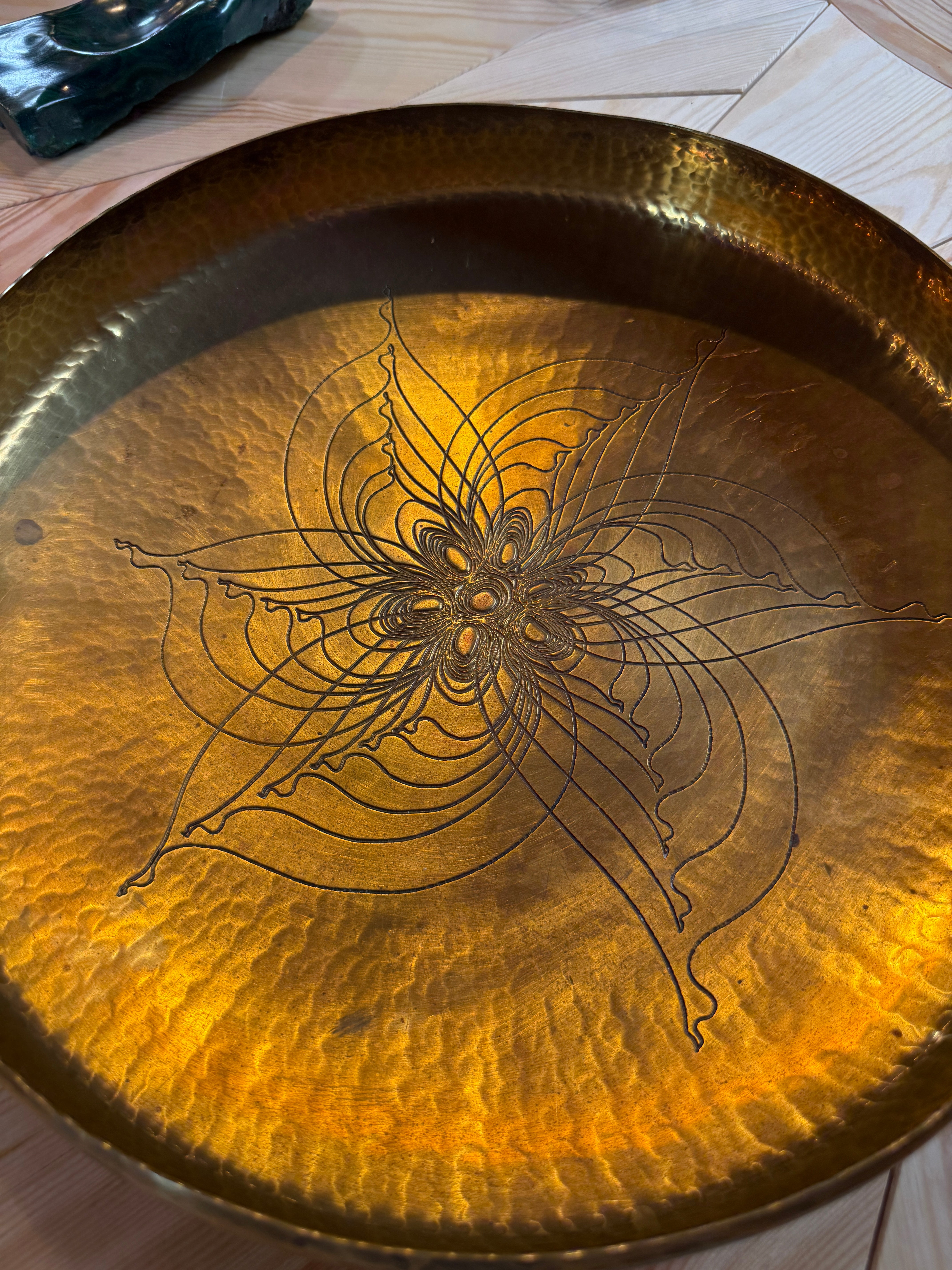 Hand-Hammered Brass Centerpiece Bowl with Engraved Floral Motif, 1970s