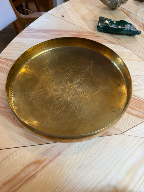 Hand-Hammered Brass Centerpiece Bowl with Engraved Floral Motif, 1970s